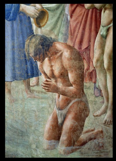 St. Peter tauft die Neophyten, Detail des Neophyten, ca. 1427 Fresko von Tommaso Masaccio
