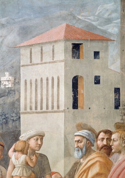 St. Peter verteilt die Gemeingüter der Kirche und der Tod des Ananias, Detail der Hintergrundarchitektur, ca. 1427 Fresko von Tommaso Masaccio