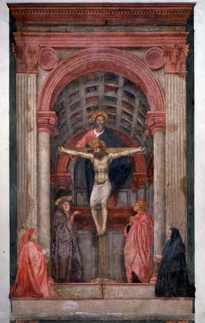 Die Dreifaltigkeit: Gott, Jesus Christus am Kreuz, umgeben von Johannes und der Jungfrau mit zwei Stiftern von Tommaso Masaccio