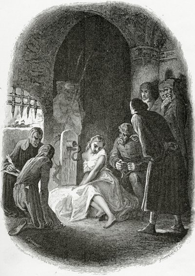 Die Vernehmung von Esmeralda - Illustration aus Notre Dame de Paris, 19. Jahrhundert von Tony Johannot