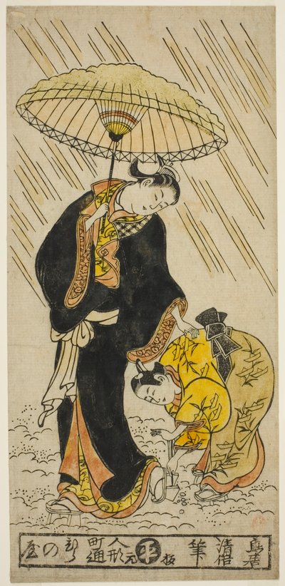 Schnee von einem Paar Holzschuhe klopfen von Torii Kiyomasu II