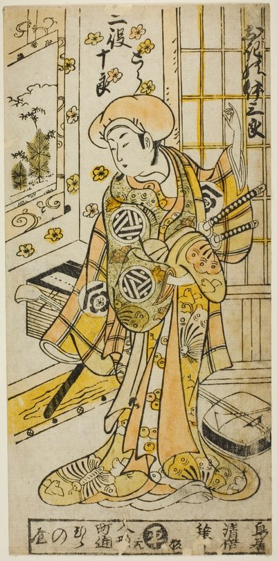 Der Schauspieler Ogino Isaburo I in zwei Rollen, Tora und Soga no Juro, im Stück "Juhakko Imayo Soga," aufgeführt im Nakamura-Theater im ersten Monat, 1734 von Torii Kiyomasu II