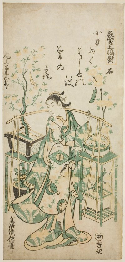 Der Schauspieler Onoe Kikugoro I, rechtes Blatt des "Blumenverkäufer-Triptychons (Hanauri sanpukutsui)" von Torii Kiyomasu II