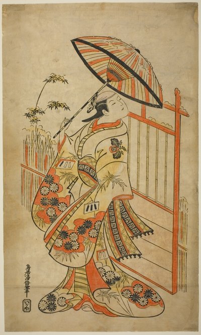 Der Schauspieler Sanogawa Mangiku I als Sanada, die Tochter des Spinners Itoya, im Stück "Hiragana Yomeiri Izu Nikki," aufgeführt im Nakamura Theater im elften Monat, 1718 von Torii Kiyomasu II