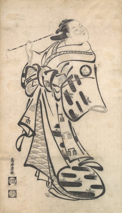 Eine Oiran steht, eine Pfeife in ihrer rechten Hand, und dreht sich um, um über ihre Schulter zu schauen, ca. 1705 von Torii Kiyomasu I