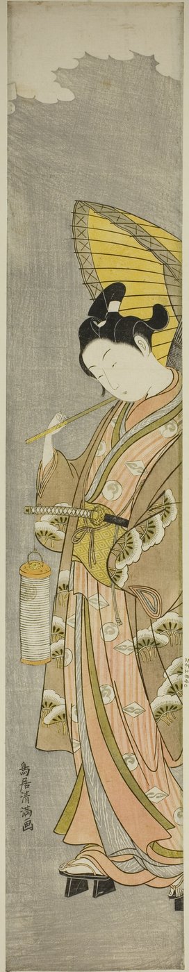 Junger Mann mit Regenschirm und Laterne von Torii Kiyomitsu I