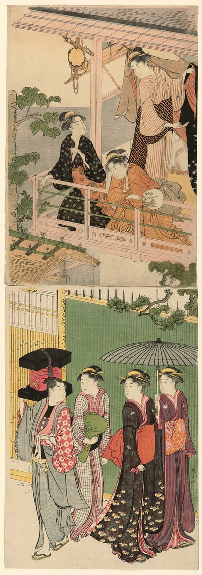 Ein Fächerverkäufer, der unter einem Balkon vorbeigeht von Torii Kiyonaga
