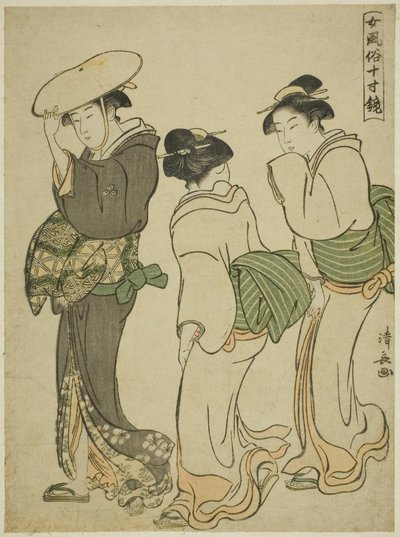 Eine Frau und zwei Mägde, aus der Serie "Ein Spiegel weiblicher Manieren" von Torii Kiyonaga