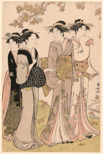 Schönheiten unter einem Ahornbaum, aus der Serie "Eine Sammlung zeitgenössischer Schönheiten der Vergnügungsviertel (Tosei yuri bijin awase)" von Torii Kiyonaga