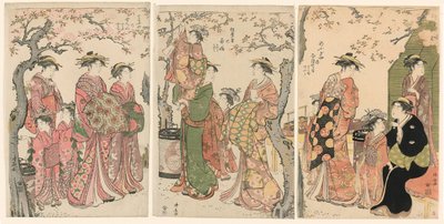 Kurtisanen und ihre Kinder unter blühenden Kirschbäumen von Torii Kiyonaga