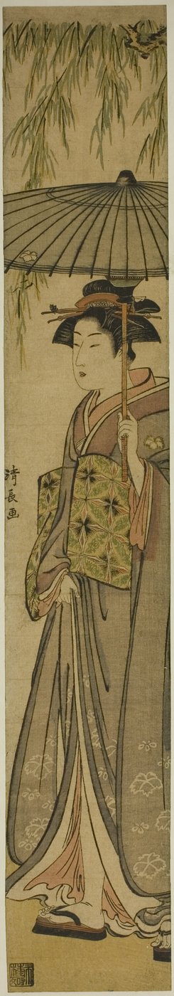 Geisha mit einem Sonnenschirm unter einem Weidenbaum von Torii Kiyonaga