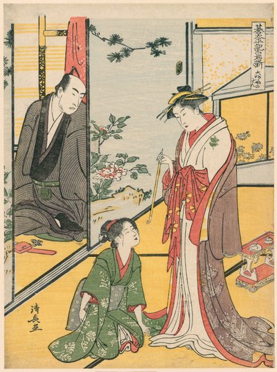 Szene im Daifukuya, aus der Serie "Go Taiheiki Shiraishi Banashi" von Torii Kiyonaga