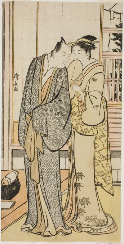 Der Schauspieler Ichikawa Yaozo III mit einer Geisha, aus einer unbetitelten Serie von Drucken, die Schauspieler im Privatleben zeigen von Torii Kiyonaga