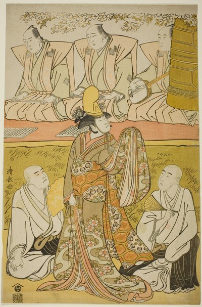 Der Schauspieler Nakamura Nakazo I als Shirabyoshi Katsuragi, Matsumoto Koshiro IV als Mönch Meigetsubo und Otani Hiroji III als Mönch Izayoibo, im Stück "Edoganoko Musume Dojoji," aufgeführt im Ichimura Theater im achten Monat, 1783 von Torii Kiyonaga