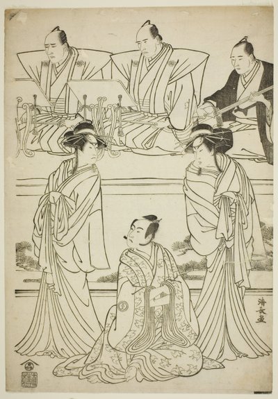 Die Schauspieler Segawa Kikunojo III als Geist von Yatsuhashi, Sawamura Sojuro III als Soga no Juro und Ichikawa Danjuro V als Geist von Seigen, im Stück "Sono Omokage Matsu ni Sakura," aufgeführt im Nakamura Theater im ersten Monat, 1783 von Torii Kiyonaga