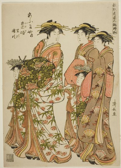 Die Kurtisane Toji von Ogiya mit ihren Begleiterinnen Satoji und Uraji, aus der Serie "Modelle für Mode: Neue Designs so frisch wie junge Blätter (Hinagata wakana no hatsu moyo)" von Torii Kiyonaga