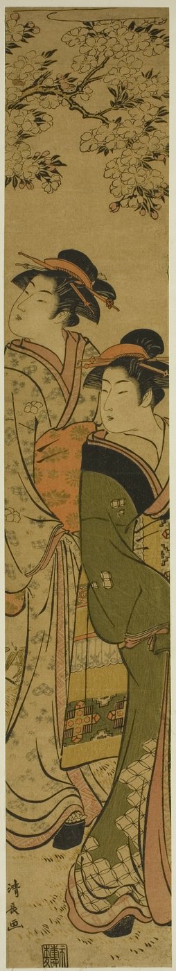 Zwei Geishas unter einem Kirschbaum spazierend von Torii Kiyonaga
