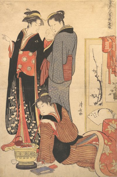 Zwei Frauen stehen und halten ein Kind von Torii Kiyonaga