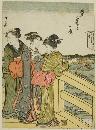 Blick von der Azuma-Brücke, aus der Serie "Zehn Bezirke des Kinryuzan-Tempels in Asakusa (Asakusa Kinruzan jikkei)" von Torii Kiyonaga