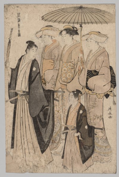Frau von Yoshiwara und Begleiterinnen (aus der Serie Brokate des Ostens in Mode) von Torii Kiyonaga