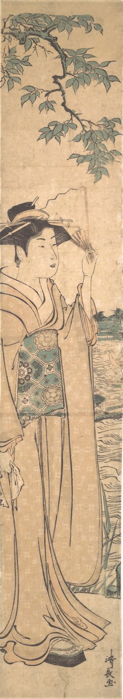 Frau mit Fächer am Ufer des Sumida-Flusses von Torii Kiyonaga