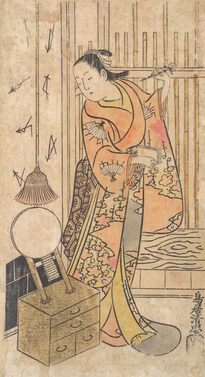 Schauspieler als Frau, die an einem Spiegelständer steht, ca. 1735 von Torii Kiyotada