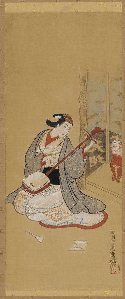 Ein Schauspieler in Frauenkleidern, der eine Samisen bespannt von Toriyama Sekien