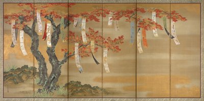 Blühende Kirsche und Herbstahorne mit Gedichtzetteln, 1654-81 von Tosa Mitsuoki