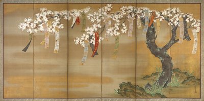 Blühende Kirsche und Herbstahorn mit Gedichtstreifen, 1654-81 von Tosa Mitsuoki