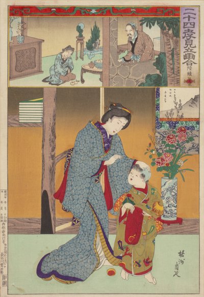 Parodie-Paarung von Bildern der Vierundzwanzig Vorbilder der kindlichen Pietät: Lu Ji, Nr. 9 von Toyohara Chikanobu