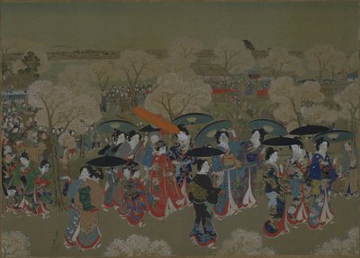 Schönheiten betrachten die Kirschblüte am Sumida-Fluss von Toyohara Kunichika