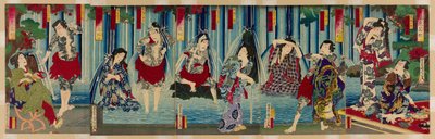 Kabuki-Stars vor einem gnädigen Wasserfall von Toyohara Kunichika