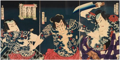Die Kabuki-Schauspieler (von rechts nach links) Ichimura Kakitsu IV als Asahina Tobei, Nakamura Shikan IV als Washi no Chokichi und Sawamura Tosshi II als Yume no Ichirobei, IV/1868 von Toyohara Kunichika