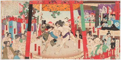 Sumo-Kampf vor Toyotomi Hideyoshi (1537-1598) und Kato Kiyomasa (1562-1611) von Toyonobu Utagawa
