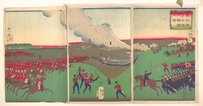 Illustration von Kavallerie, Infanterie und Soldaten im Rückzug von Tsukioka Yoshitoshi