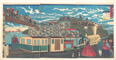 Darstellung der Dampflokomotivengleise bei Takanawa, aus der Serie Berühmte Orte in Tokio von Tsukioka Yoshitoshi