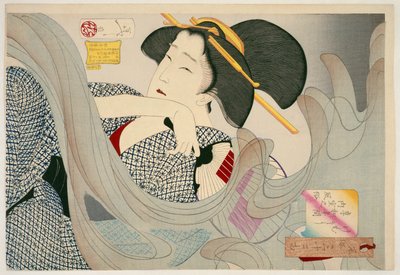 Rauchig aussehend. Eine Hausfrau der Kyowa-Ära, Kemuso Kyowa nenkan naishitsu no fuzoku, 1880 von Tsukioka Yoshitoshi