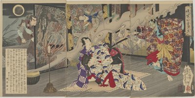 Nise Murasaki Inaka Genji (Ländlicher Genji als Nachahmung von Murasakis Roman): Szene eines verfallenen Tempels aus dem fünften Kapitel von Tsukioka Yoshitoshi