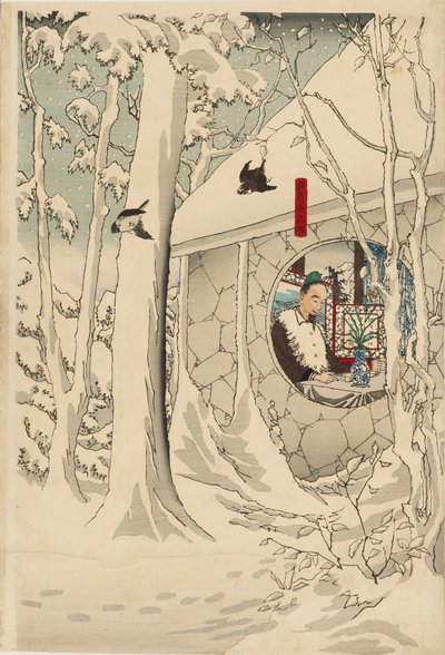 Holzschnitt-Triptychon - Gentoku besucht Komei in seinem Rückzugsort, im Schneesturm von Tsukioka Yoshitoshi