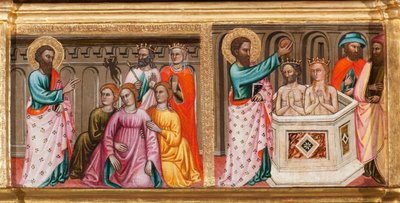 Predella mit dem Leben des hl. Bartholomäus, Exorzismen und Taufen, Detail aus Jungfrau und Kind umgeben von Engeln und Heiligen (Öl auf Tafel) von Turino Vanni