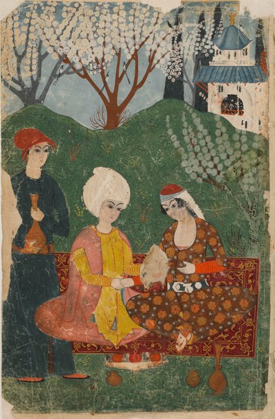 Seite aus einem unidentifizierten Text; recto: Prinz und Prinzessin auf einem Teppich sitzend, Istanbul, ca. 1700-25 von Turkish School