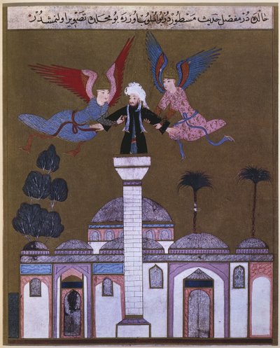 Jesus Christus von zwei Engeln vom Minarett der Moschee in Damaskus getragen, aus Zubdet ut Tevarih von Lokman, 1583 von Turkish School
