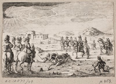 Europäische Reiter in einer offenen Landschaft. Im Hintergrund ein Karawanserei von Ubekendt