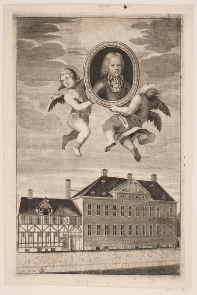 Medaillon mit Porträt eines Jungen der Plessenske Familie. Im Hintergrund ein Fachwerkhaus und ein Palais von Ubekendt