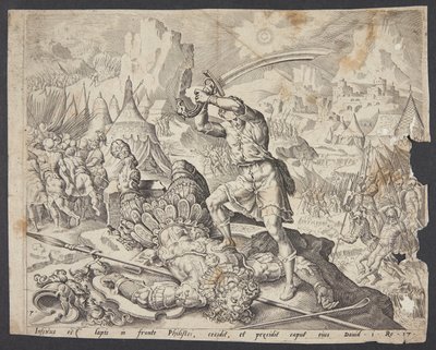 Abner präsentiert David Goliaths Kopf für Saul von Ubekendt efter Maarten van Heemskerck
