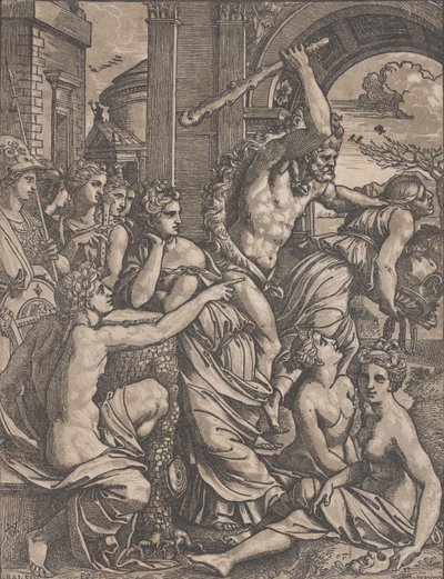 Herkules vertreibt die Habgier aus dem Tempel der Musen von Ugo da Carpi