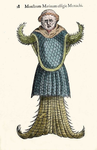 Der Seemönch, imaginärer Fisch und Meeresmonster von Ulisse Aldrovandi (1522-1605), „Monstrorum Historiae“, Bologna 1642 von Ulisse Aldrovandi