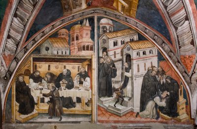 Episoden aus dem Leben des Heiligen Benedikt von Nursia: Links der Angriff der Mönche von Vicovaro, die versuchen, den Heiligen Benedikt zu vergiften, dieser zerbricht auf wundersame Weise den Becher mit dem Gift, rechts der Heilige Benedikt, der einen Mön von Umbrian School