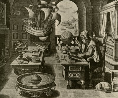 Ein Navigations-Experte bei der Arbeit in seinem Arbeitszimmer mit Globus und Kompass, um 1591, 1928 von Unbekannt