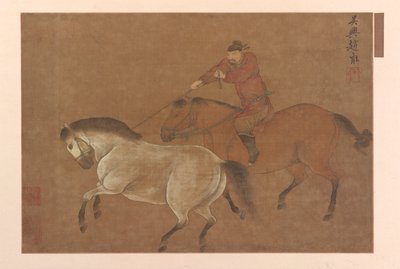 Ein Reiter, der ein Pferd mit dem Lasso fängt von Unbekannt